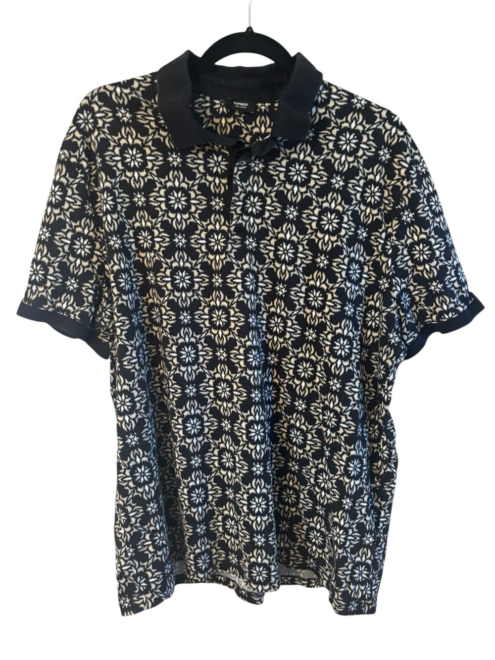 🇺🇸 Express Polo XL Black Geometric White Beige Geo Perfect Pima Cotton Stretc